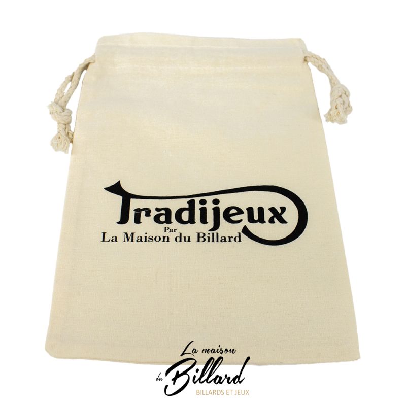 Sac en toile beige avec cordon, imprimé Tradijeux par La Maison du Billard – rangement pour jeux traditionnels