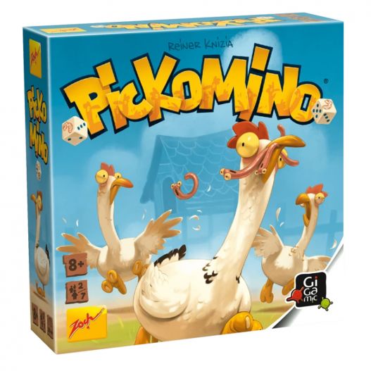 Boîte du jeu Pickomino avec des poules dessinées de façon humoristique tenant des vers dans leur bec.