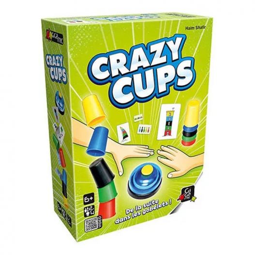 Boîte du jeu Crazy Cups avec des illustrations colorées de gobelets empilés et une sonnette au centre.