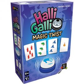 Boîte du jeu Halli Galli Magic Twist avec illustrations de cartes et sonnette au centre.