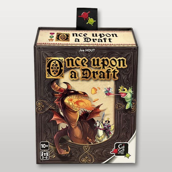 Boîte du jeu Once Upon a Draft de Gigamic, illustrée avec un dragon cracheur de feu et des personnages de conte de fées.