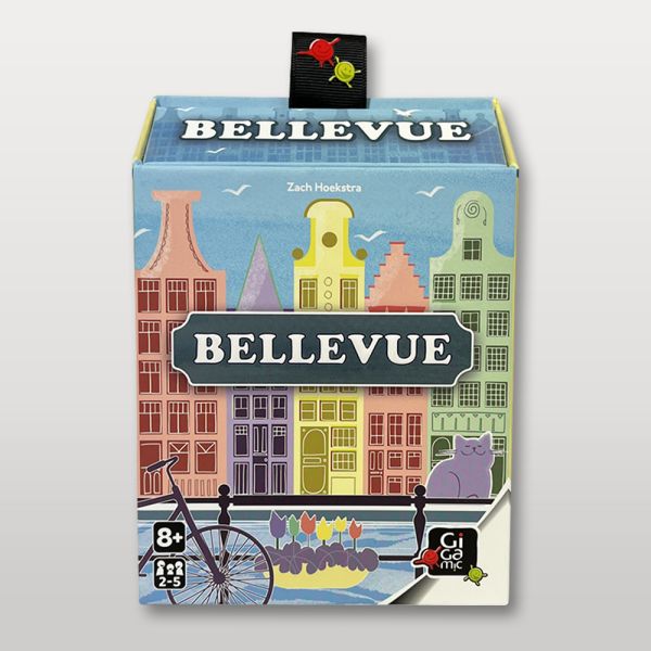 Boîte du jeu de société Bellevue aux couleurs pastel avec illustration de canal et maisons hollandaises.